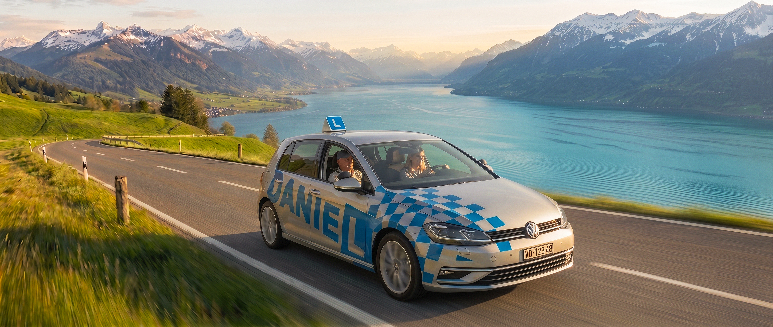 A dynamic, wide-angle shot of a sleek modern car driving on a coastal road at sunrise. The scene represents freedom and professionalism, with high-contrast lighting highlighting the vehicle's curves. The deep blue ocean and bright morning sky perfectly complement a corporate, optimistic aesthetic, using clean white and deep blue tones to convey trust and safety.